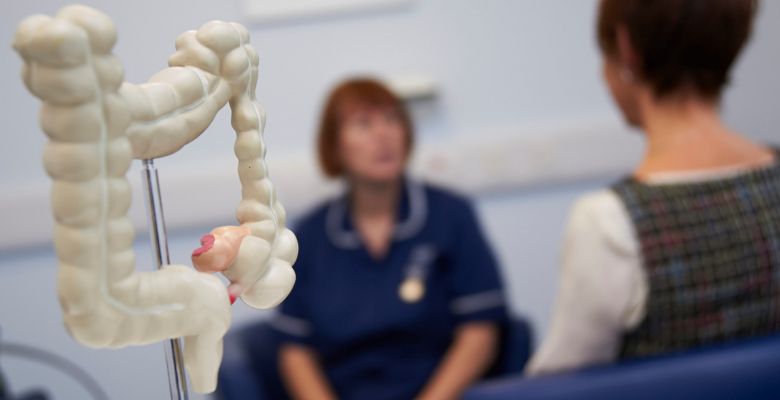 nurse discusses bowel disease with a patient. plastic model of bowel in foreground.