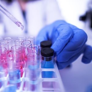 Scientist wearing PPE pipettes chemical solutions into test tubes