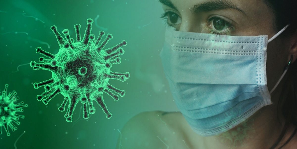 illustration of healthcare worker wearing a mask, plus the coronavirus cell