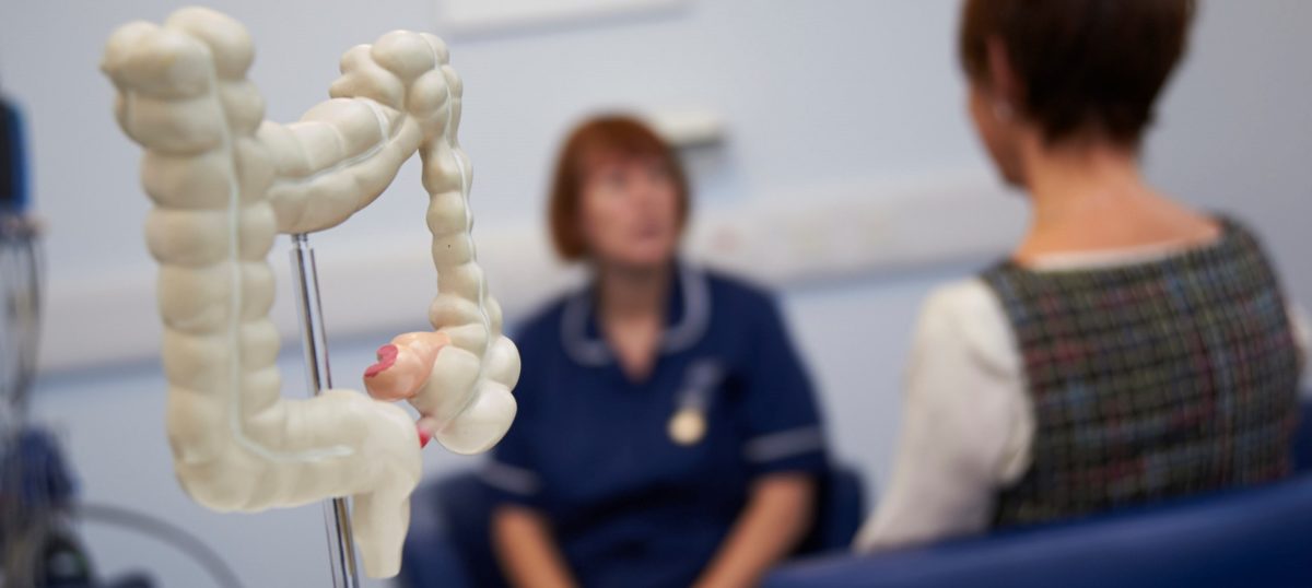 nurse discusses bowel disease with a patient. plastic model of bowel in foreground.